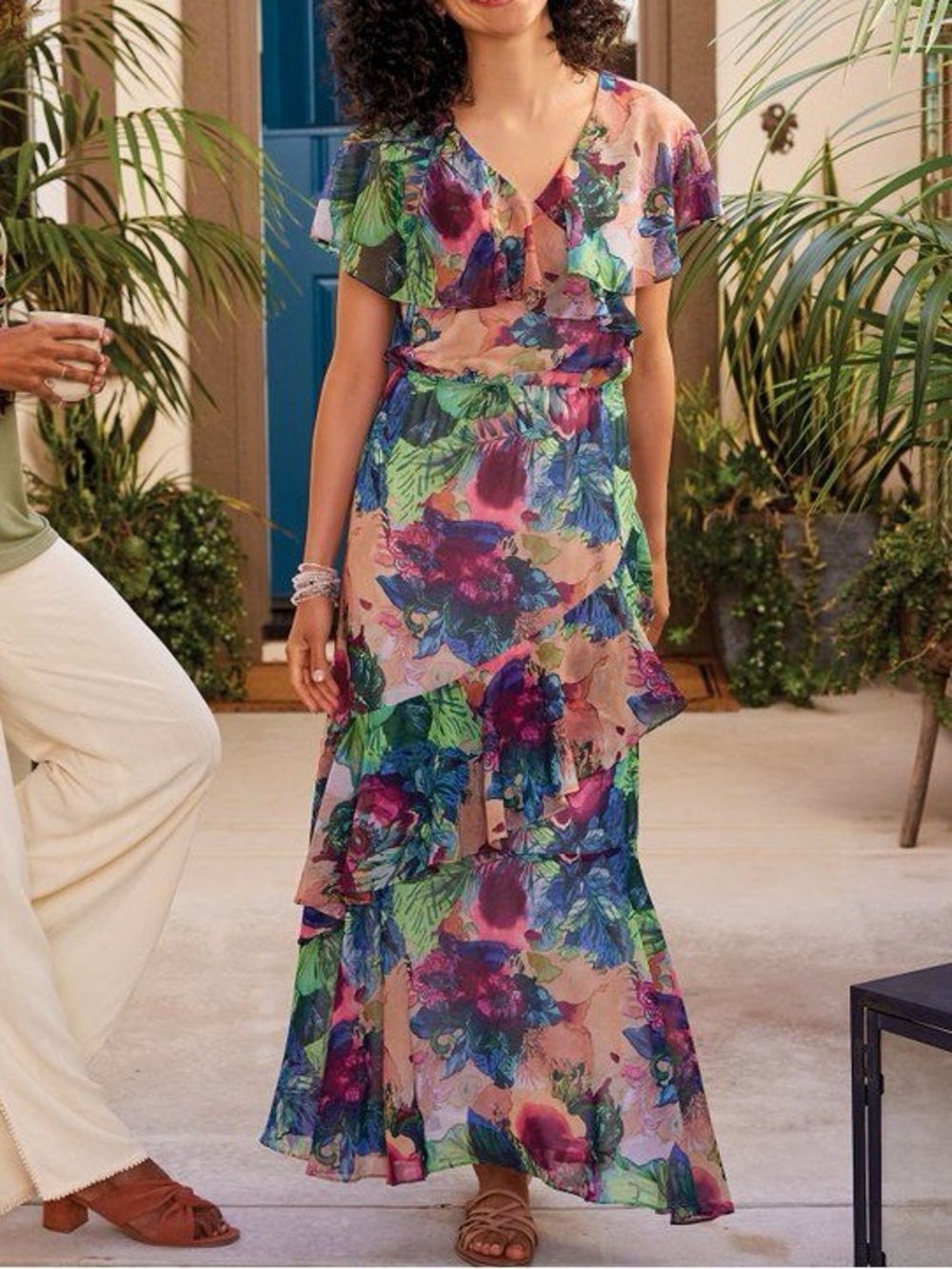 Soft Surroundings Floral Ruffle Maxi Dress in Green, Pink and Red